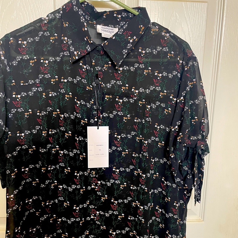 Unique vintage sheer black floral button up shirt size 1X/16